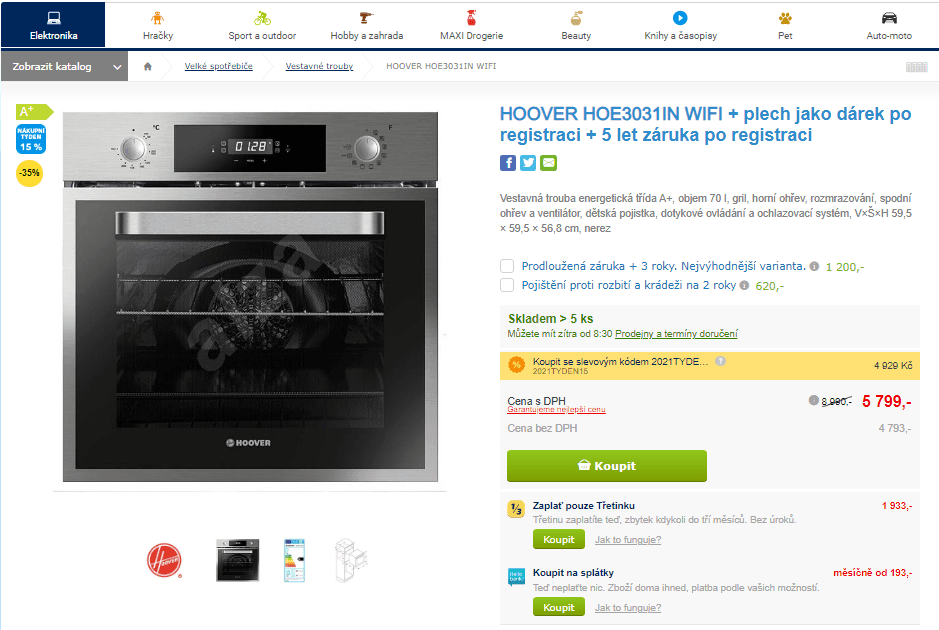 Vestavná trouba Hoover, Wifi, 70l, gril