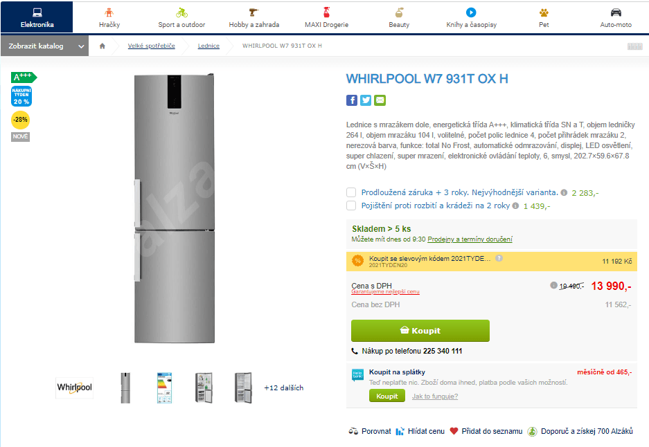 Komb. lednice Whirlpool, A+++, 368 l