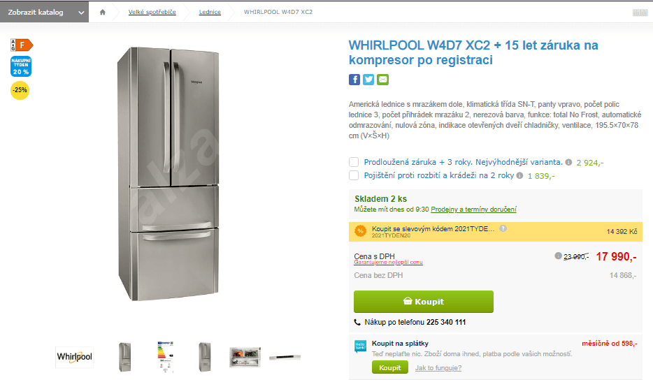 Americká lednice Whirlpool, 196cm, A++