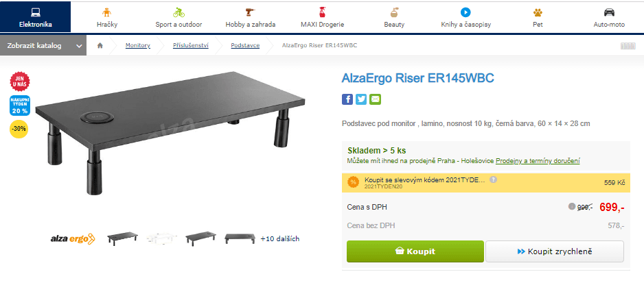 Podstavec pod monitor, Qi, 60×14×28 cm
