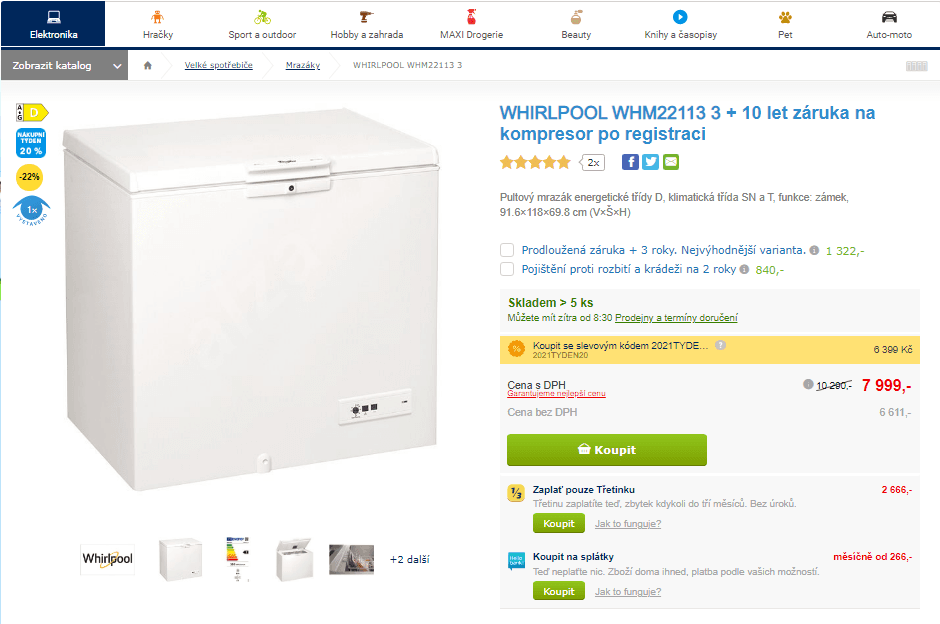 Pultový mrazák Whirlpool, A+++, 215 l