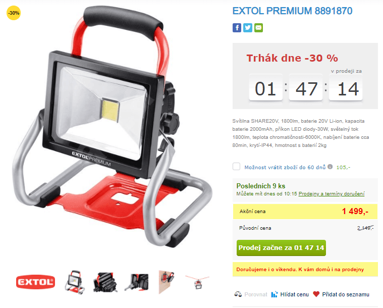 Pracovní svítilna AKU Extol, 1800 lm