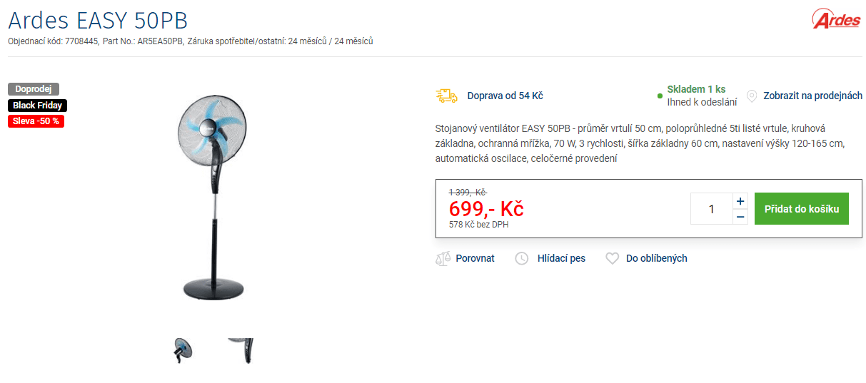 Stojanový ventilátor Ardes EASY 50PB