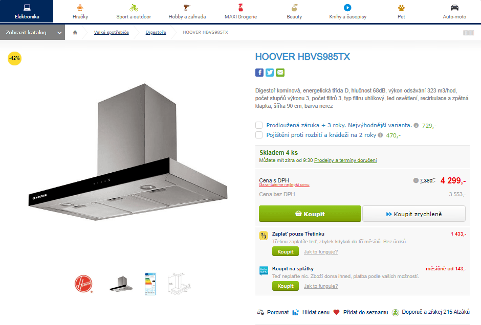 Digestoř komínová Hoover, 90 cm, nerez