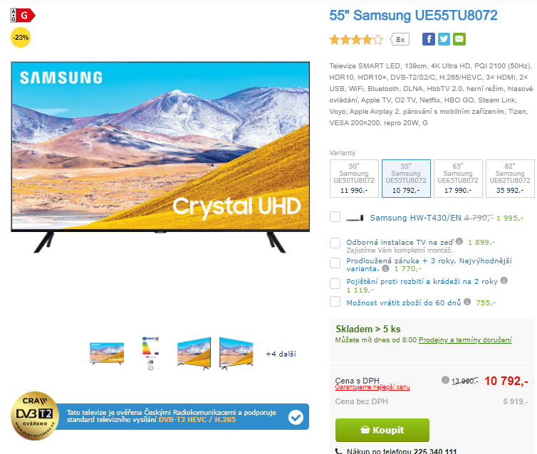 4K Smart TV, 138cm, HDR, Samsung 8