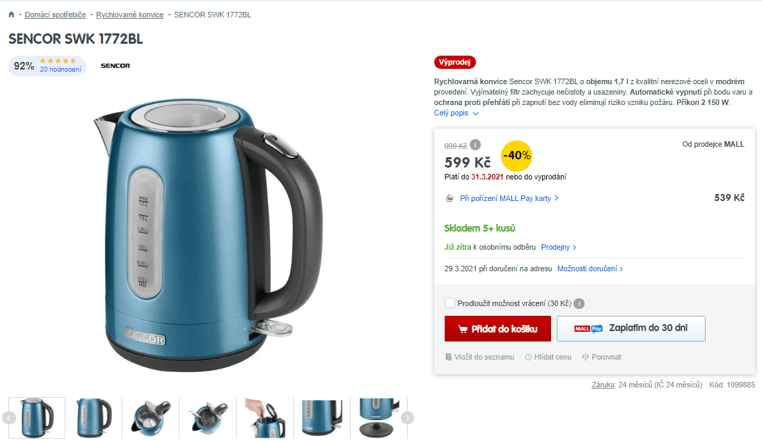 Rychlovarná konvice Sencor, nerez, 1,7l
