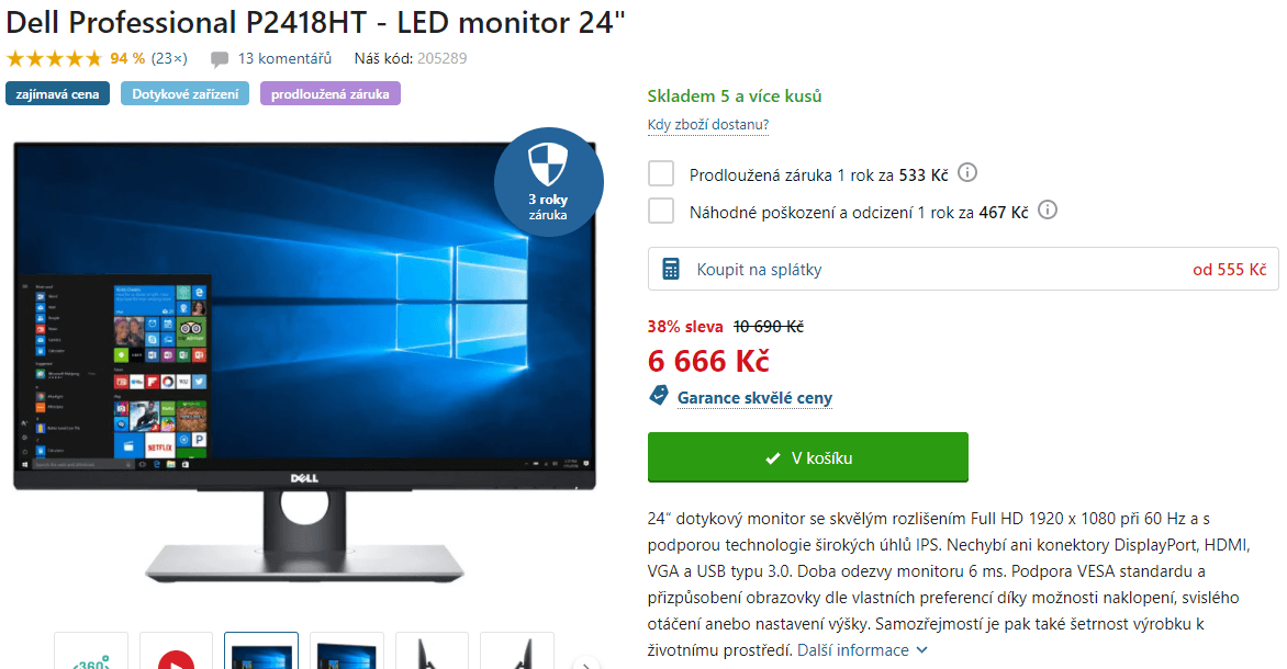 Dotykový PC monitor Dell 24", FHD