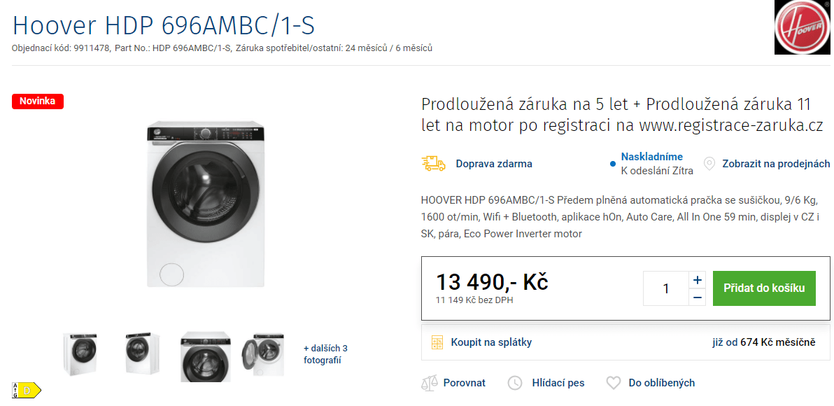 Pračka se sušičkou Hoover, 9/6kg, 1600ot., pára