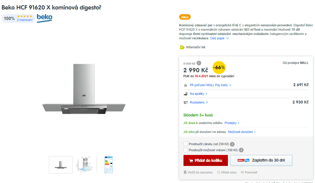 Komínová digestoř Beko, nerez, 90 cm