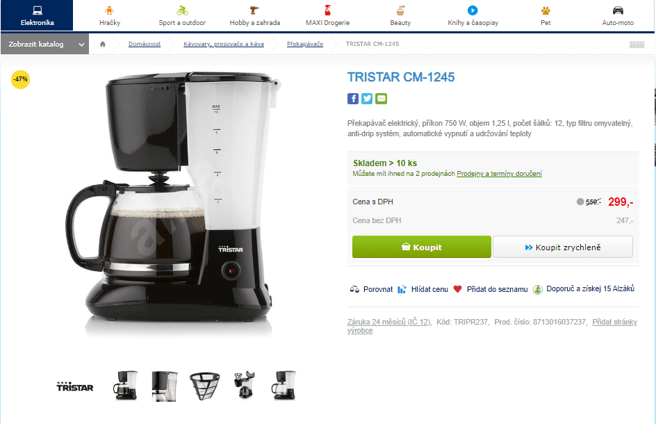 Překapávač Tristar, udržení teploty