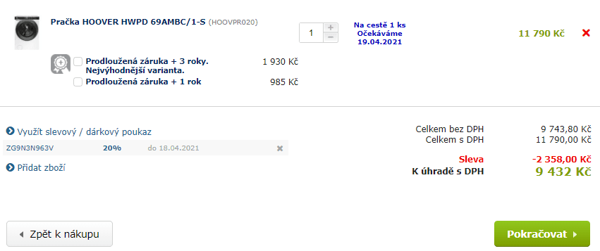 Pračka Hoover, 9kg, 1600, pára, Wifi