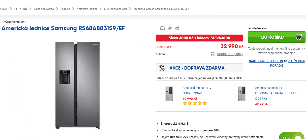 Americká lednice Samsung, led, voda, 178cm