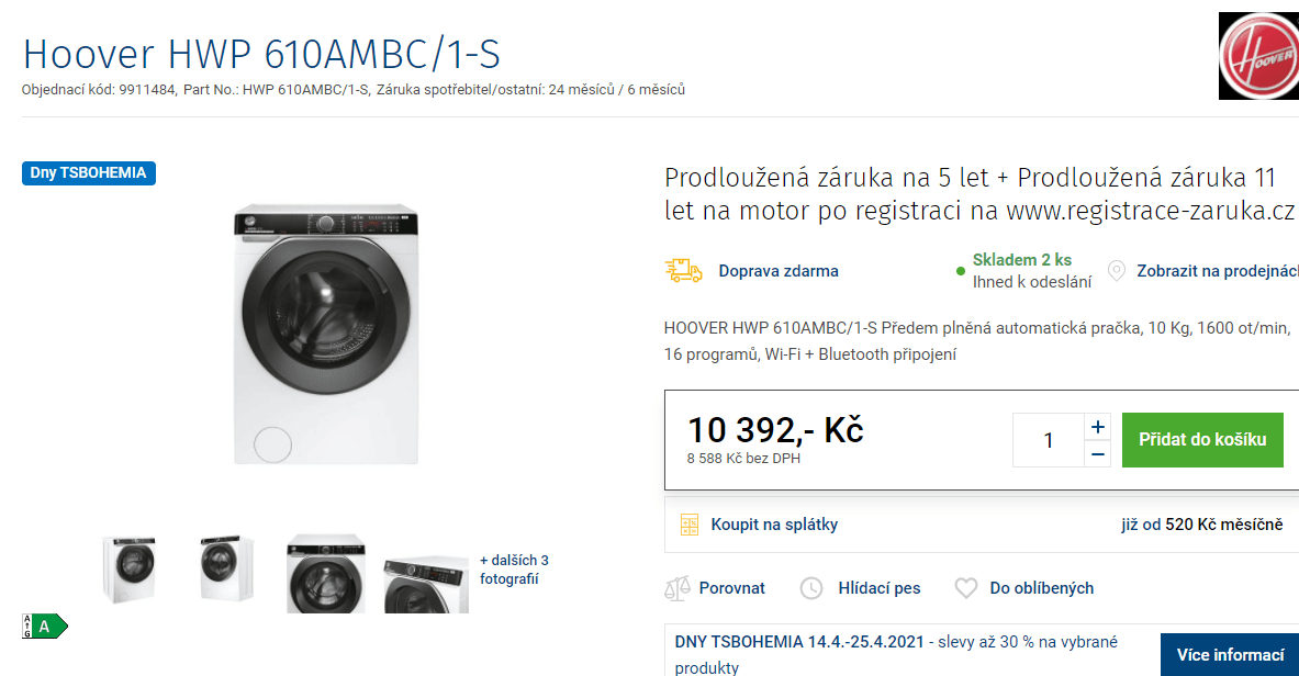 Pračka Hoover, 10 kg, 1600 ot., pára, Wifi