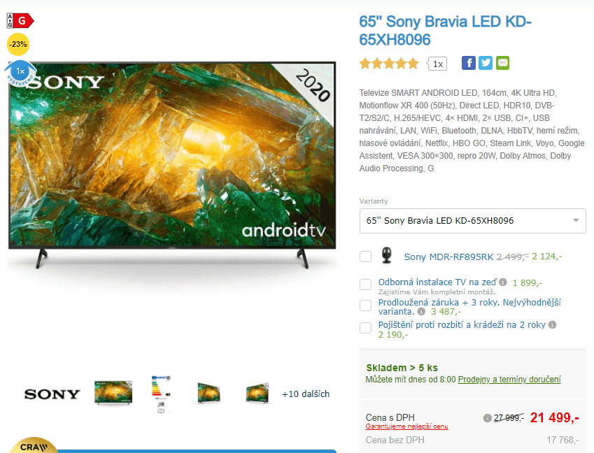 4K Smart, 164cm, HDR, SONY 8