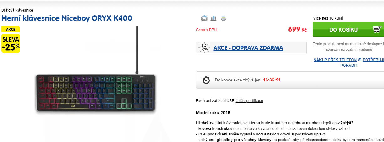 Drátová herní klávesnice Niceboy ORYX K400 