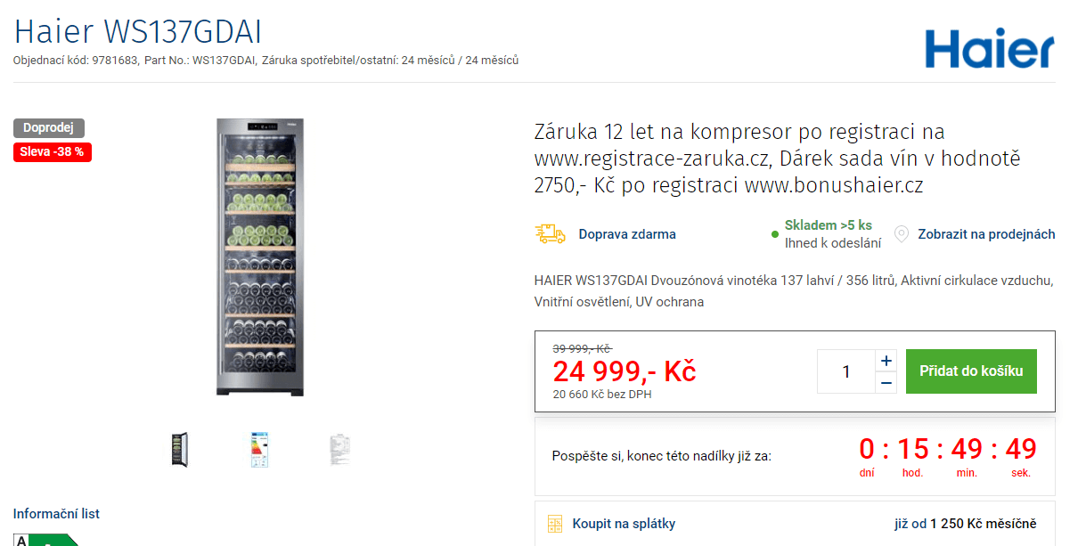 Dvouzónová vinotéka Haier, 137 láhví