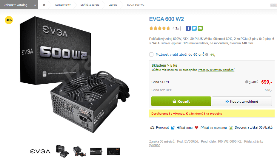 Počítačový zdroj EVGA 600 W