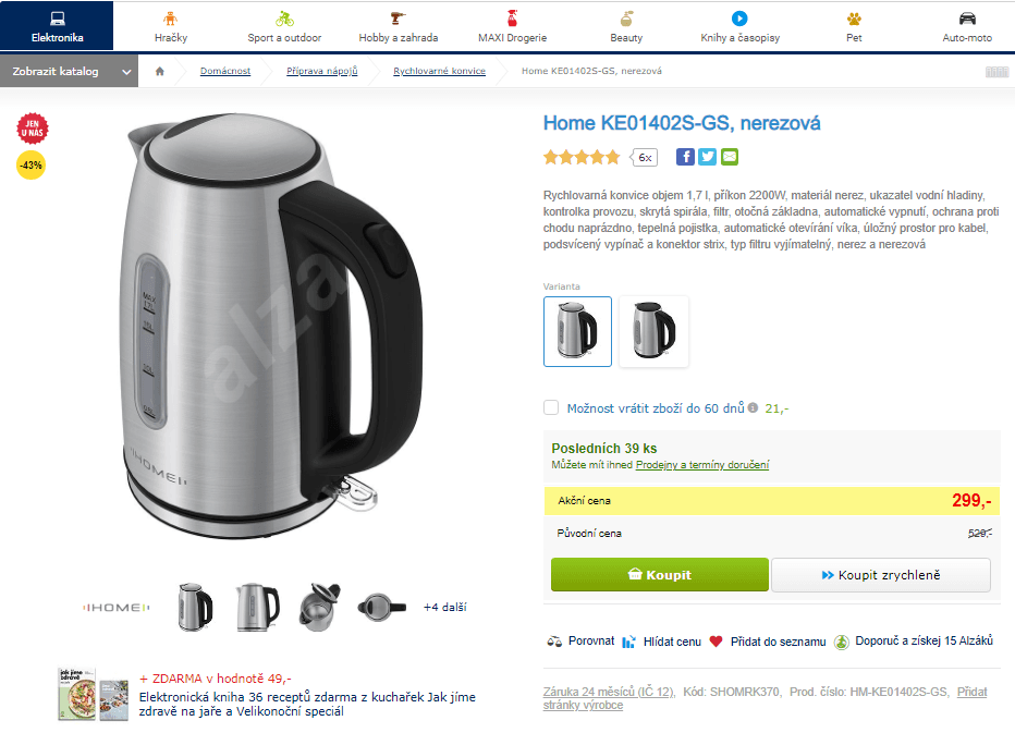 Rychlovarná konvice Home, 1,7 l, nerez