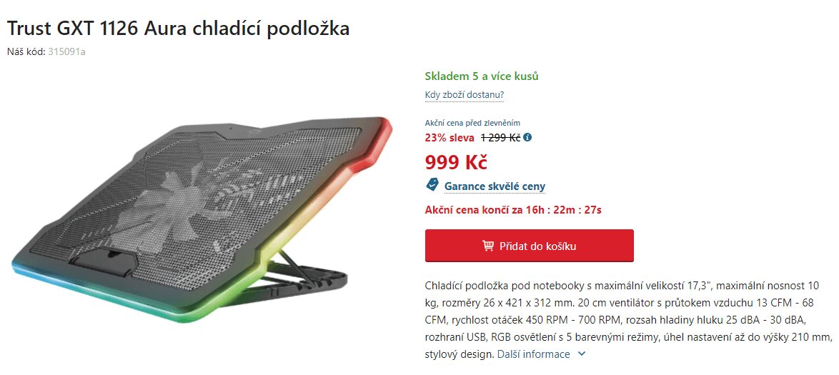 Chladící podložka ntb 17,3", RGB, Trust
