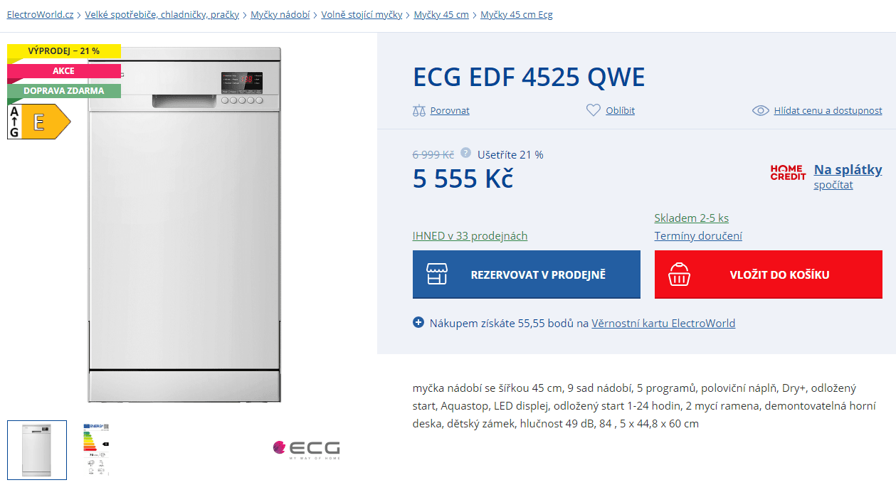 Myčka nádobí ECG, 45 cm, 9 sad