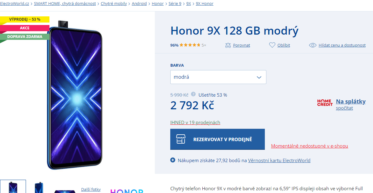 Honor 9X, 8x 2,2GHz, 4GB RAM, 6,6"