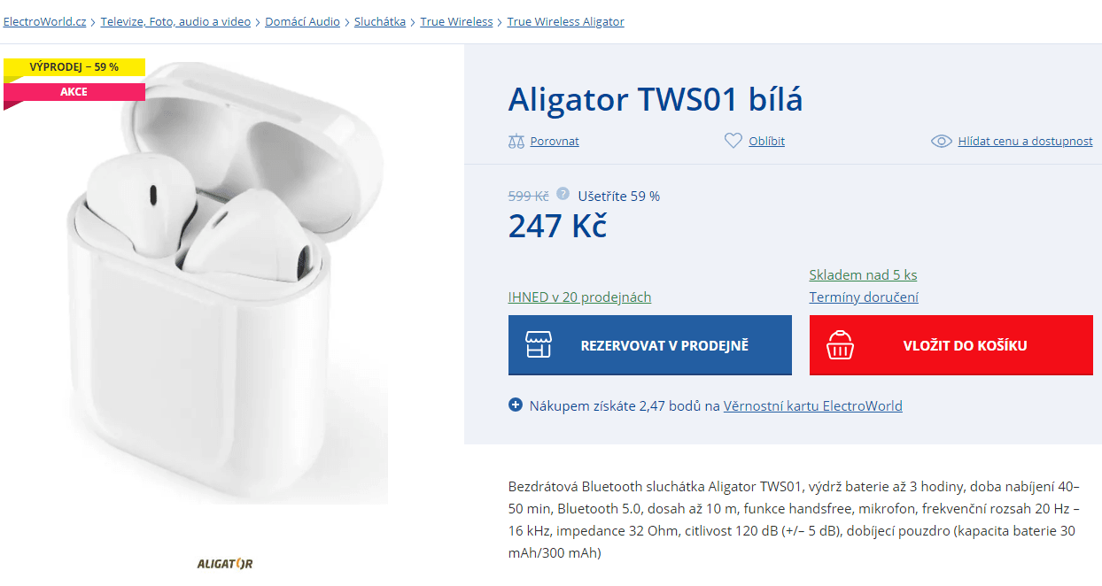 BT sluchátka Aligator TWS01, 3 hodiny