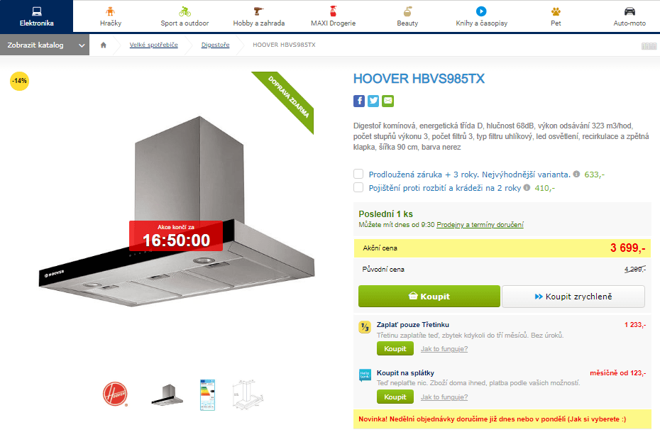 Digestoř komínová Hoover, 90 cm, nerez