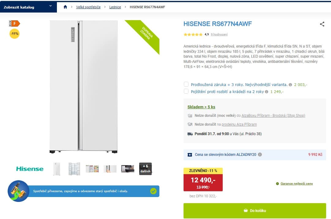 Americká lednice Hisense, 334+185 l