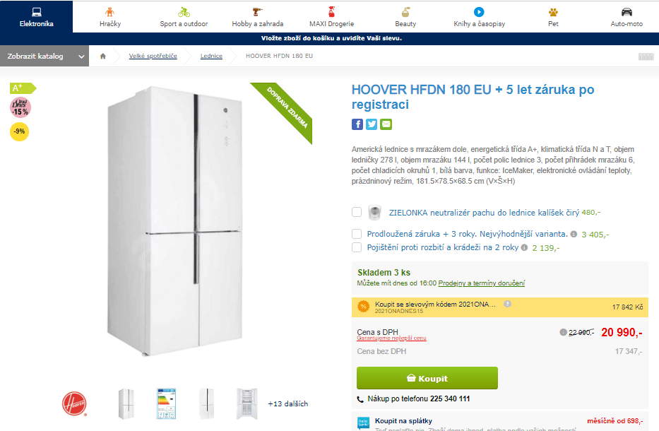Americká lednice Hoover, A+, 188cm