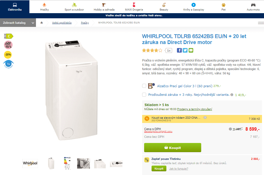 Pračka Whirlpool, C, 6,5 kg, 1 200 ot/min