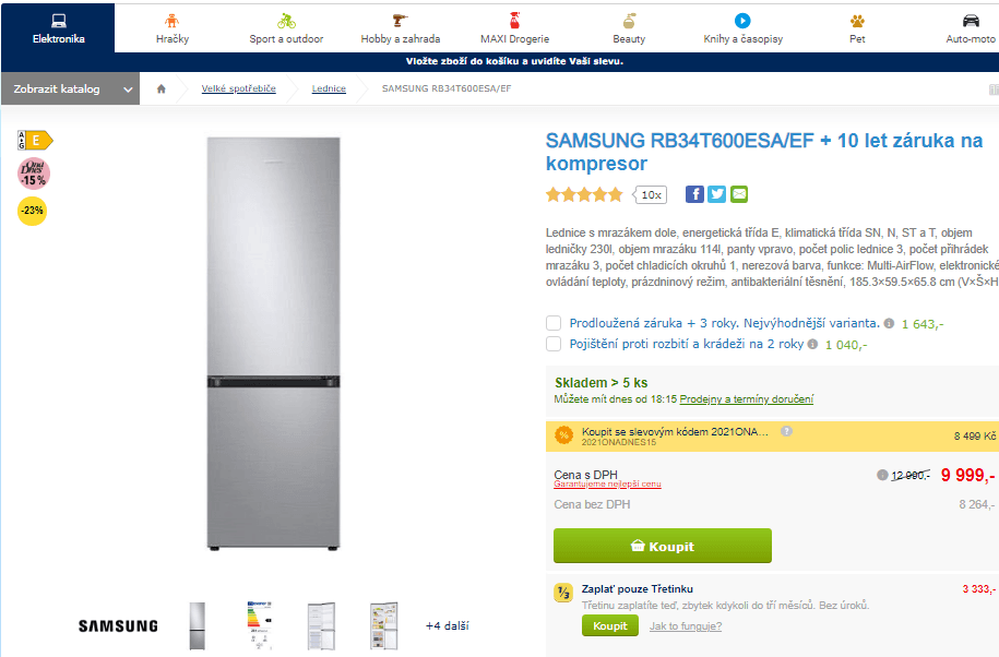Komb. lednice Samsung, 344 l, nerez, 185 cm