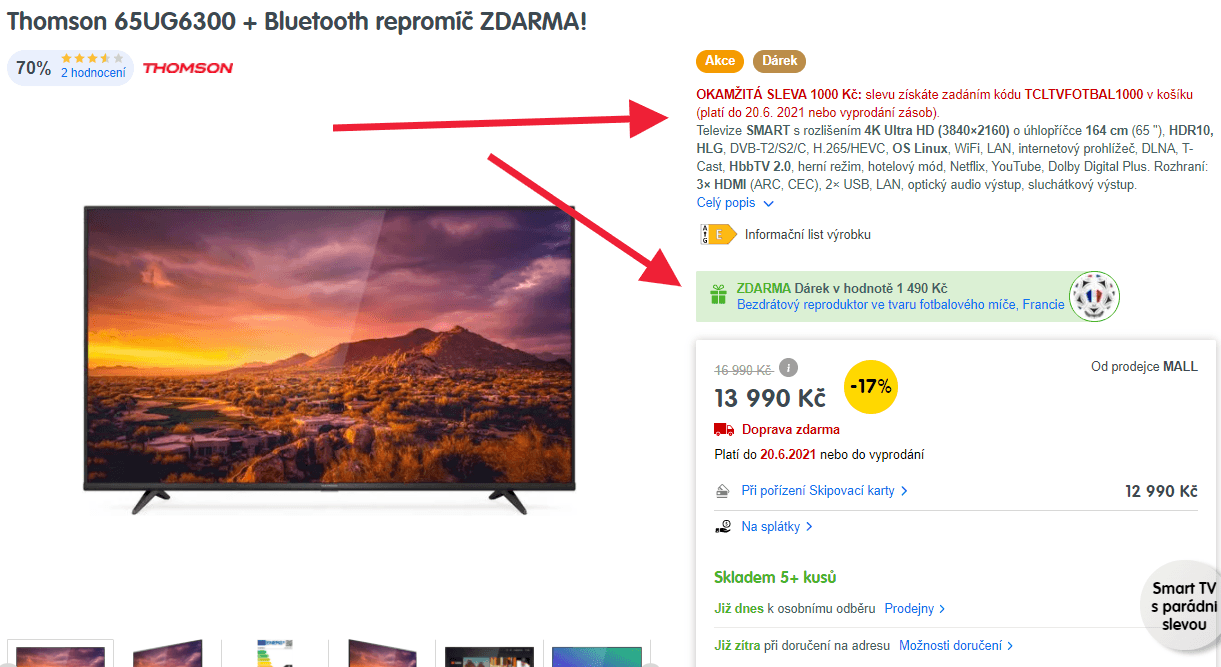 4K Smart TV, Linux, 165cm, HDR, Thomson
