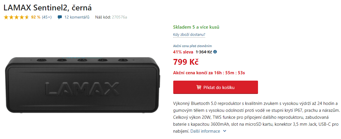 BT repro Lamax Sentinel2, 20W, 24hodin