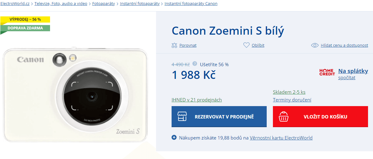 Instantní foťák Canon Zoemini S, tisk 