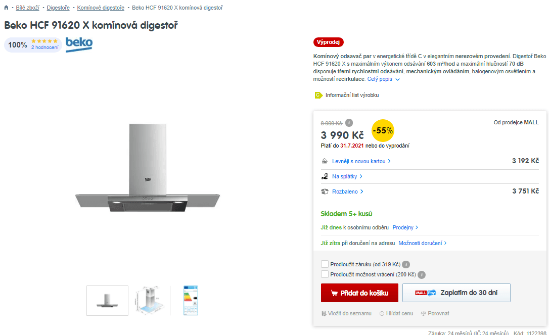 Komínová digestoř Beko, nerez, 90 cm
