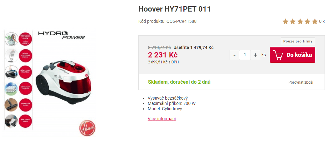 Bezsáčkový vysavač Hoover, pro alergiky