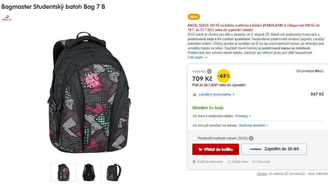 Studentský batoh Bagmaster 7 B, 2.stupeň