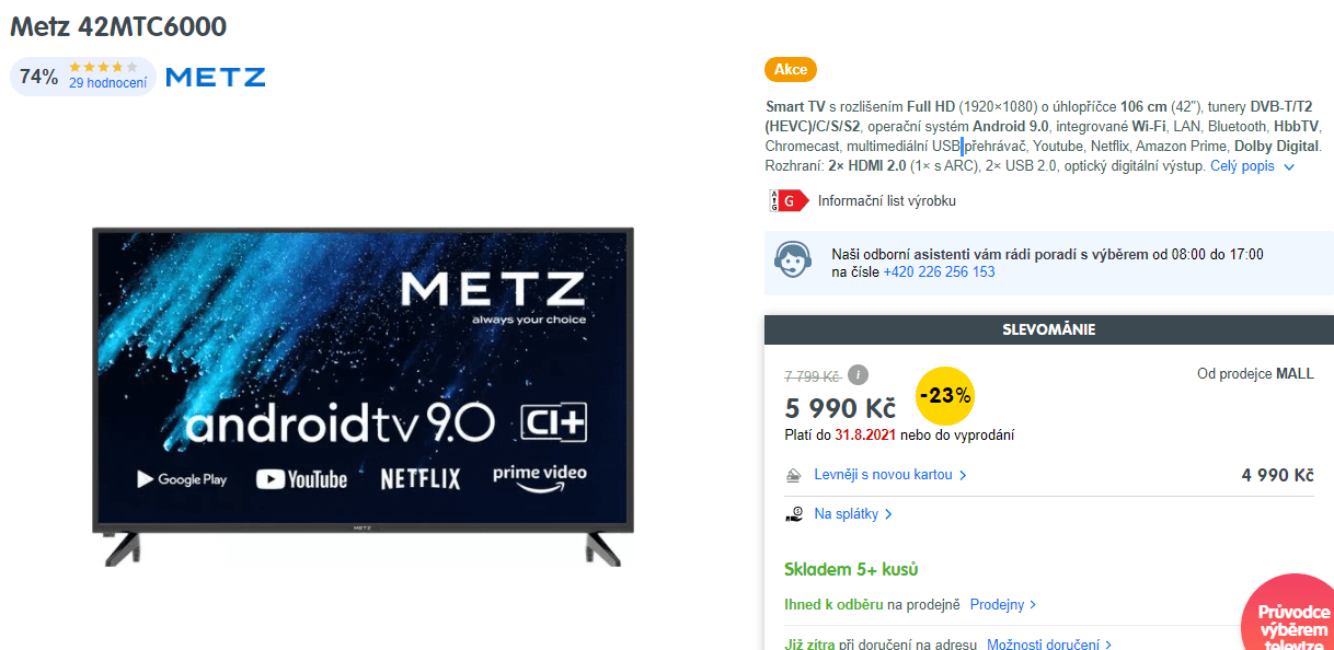 FHD TV, Smart, Android, 106cm, Metz