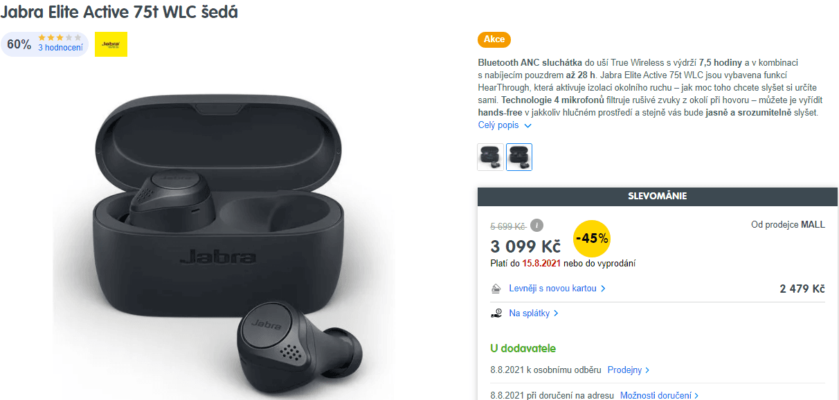 TWS BT sluchátka Jabra, ANC
