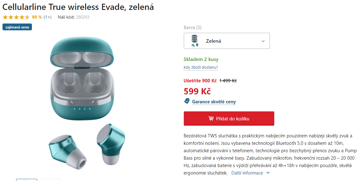 BT TWS sluchátka Cellularline, 22 hodin
