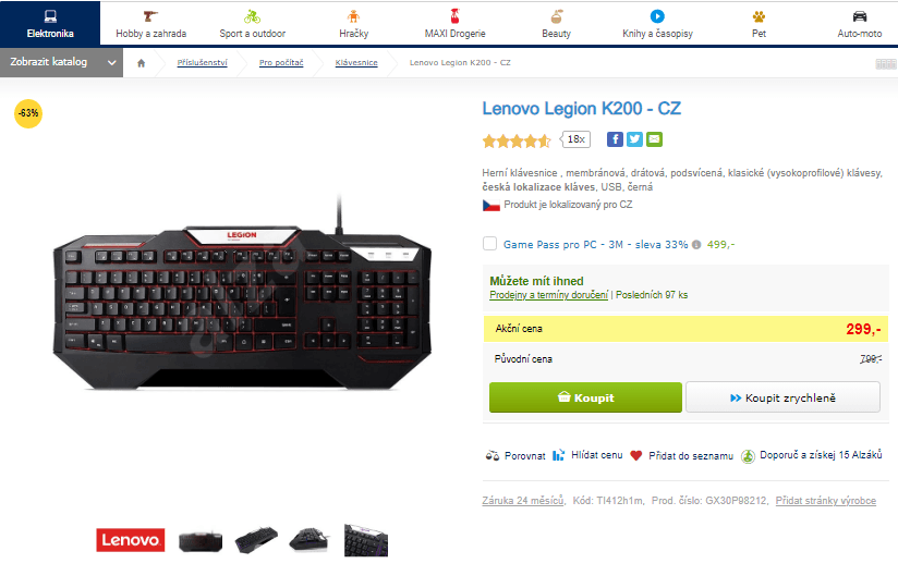 Herní klávesnice Lenovo Legion K200 CZ