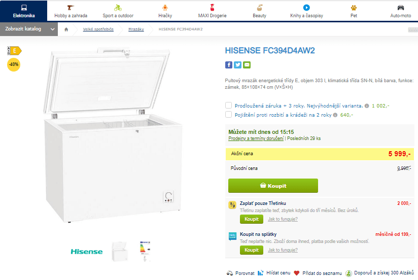 Pultový mrazák Hisense, objem 303 l