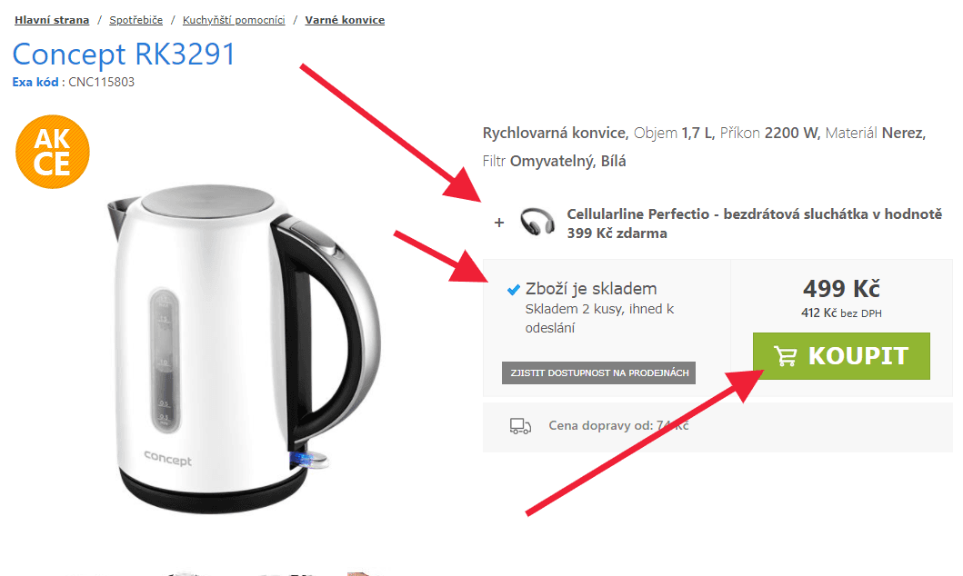 Rychlovarná konvice Concept, 1,7l. + sluchátka
