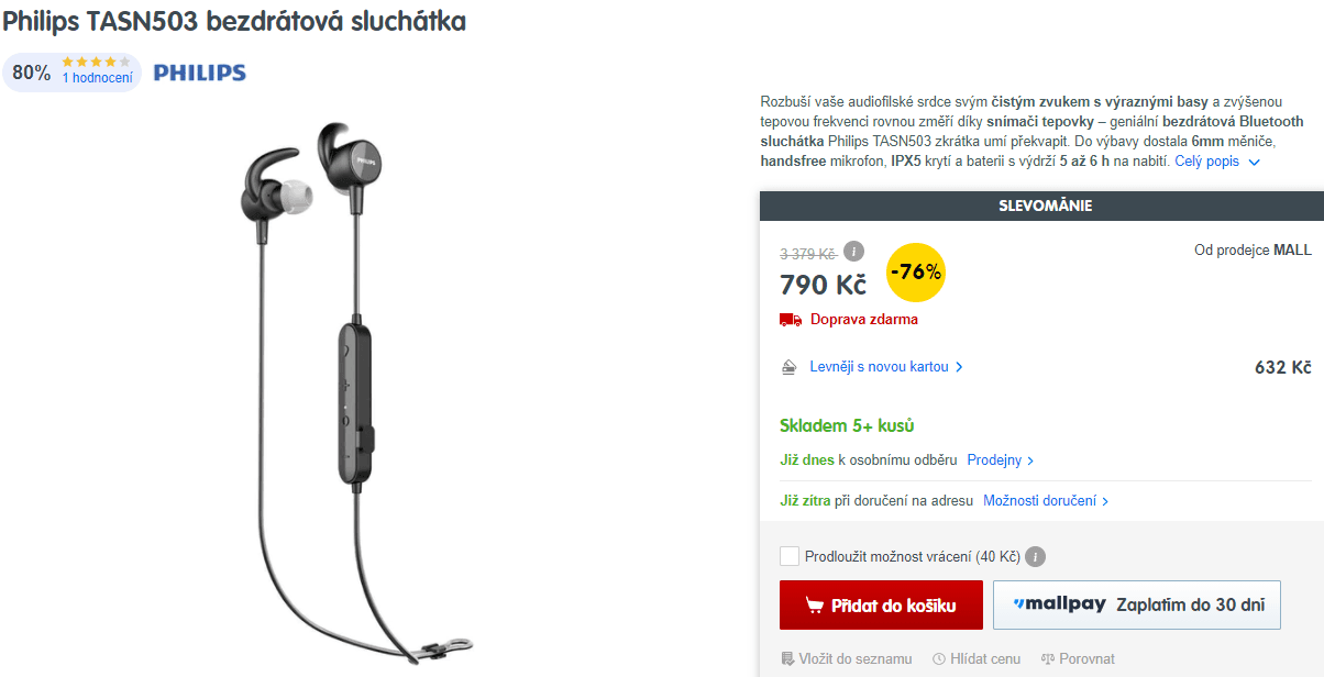 BT sluchátka Philips, měřič tepu