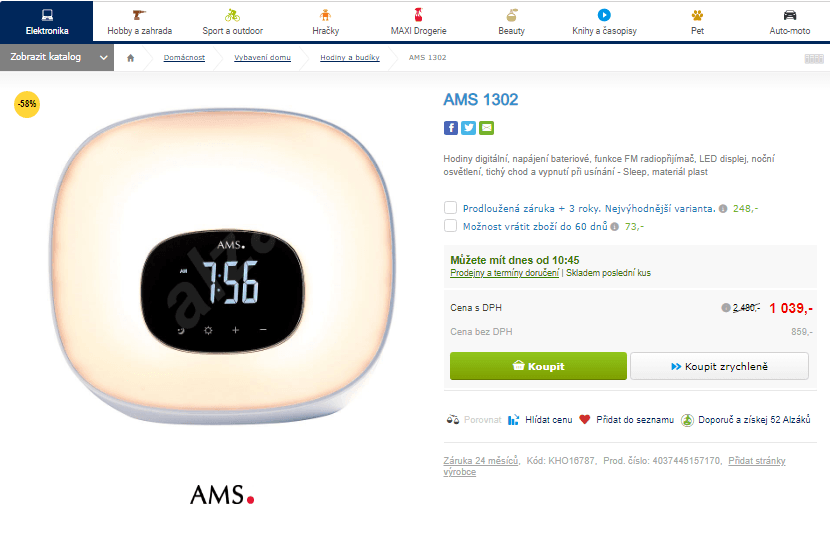 Digitální hodiny AMS 1302, radio, Sleep