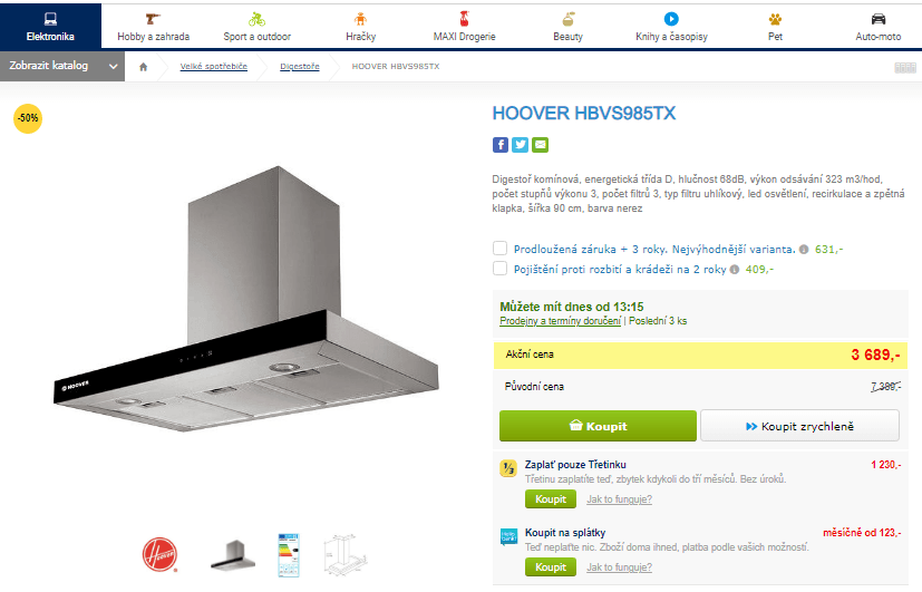 Digestoř komínová Hoover, 90 cm, nerez
