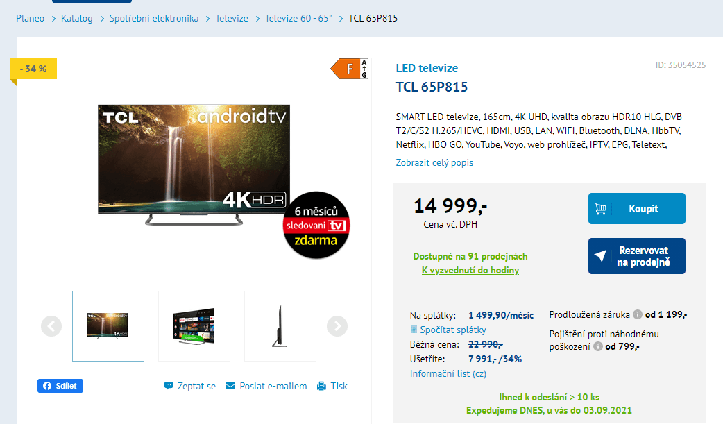 4K Smart TV, Android, 165cm, HDR, TCL