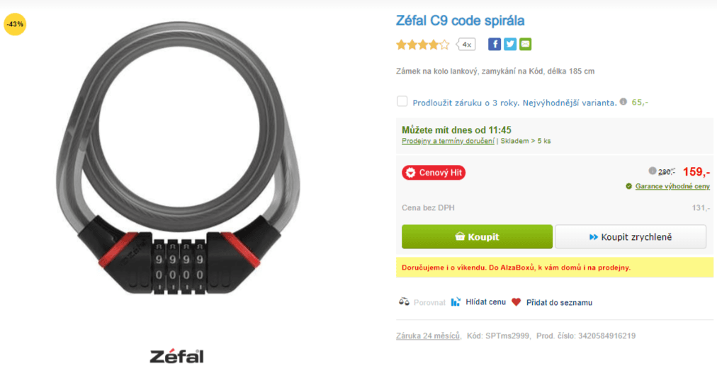 Zámek na kolo Zéfal C9, 185 x 1,5 cm