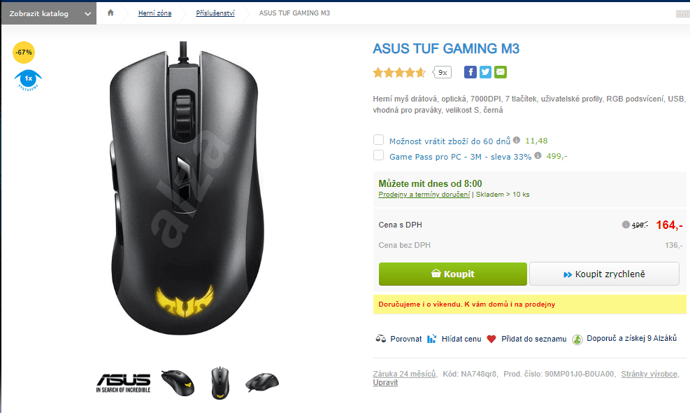 Herní myš drátová Asus, RGB, vel. S