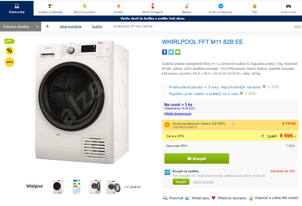 Sušička prádla Whirlpool, A++, 8 kg